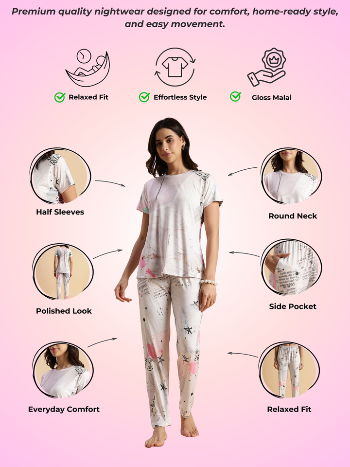 Lovey dobby gloss malai best night suit set for women