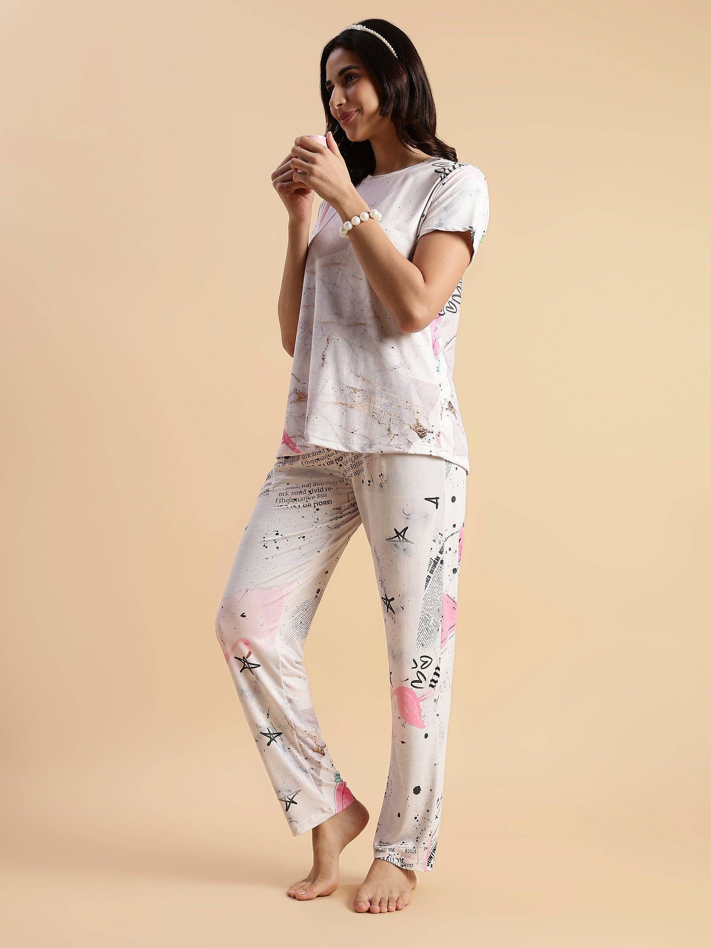 Soft doodle print womens night suit set