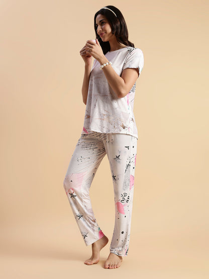 Soft doodle print womens night suit set