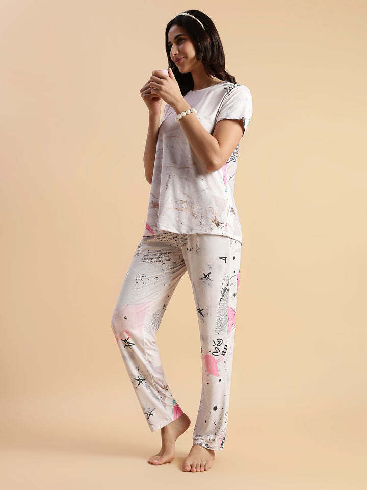 Soft doodle print womens night suit set