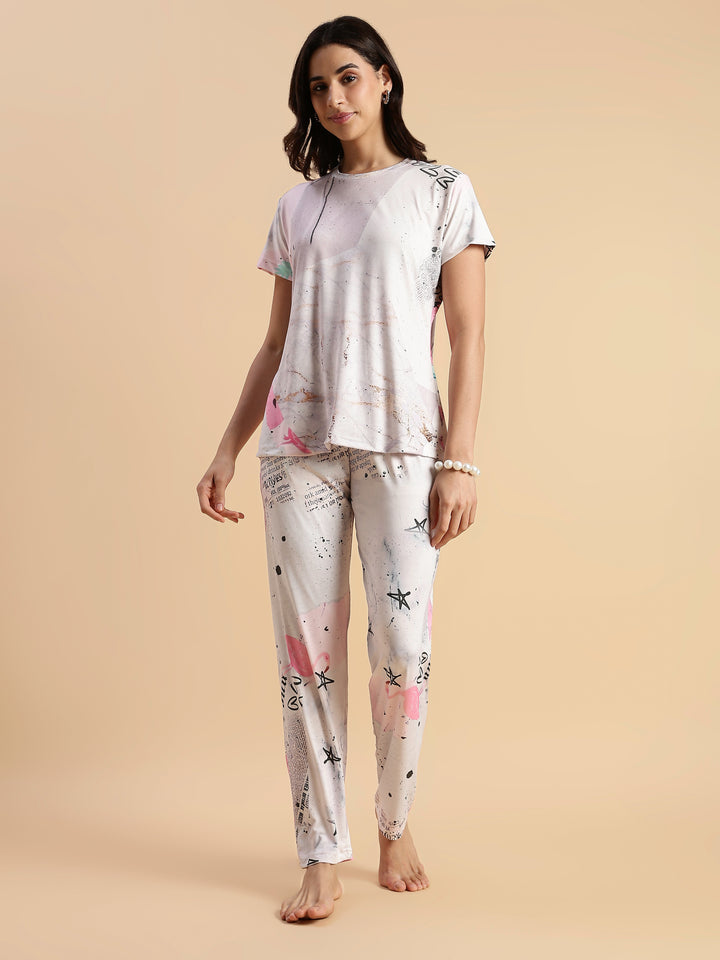 Soft doodle print womens night suit set