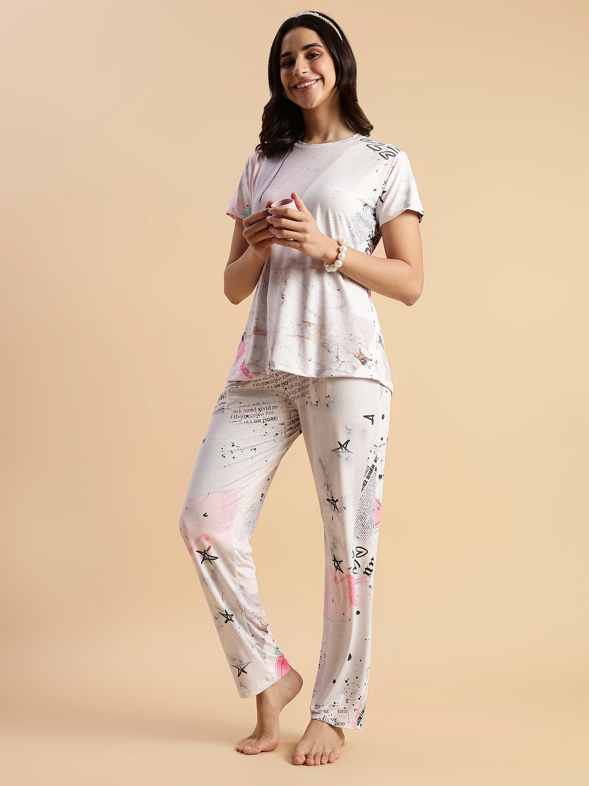 Soft doodle print womens night suit set