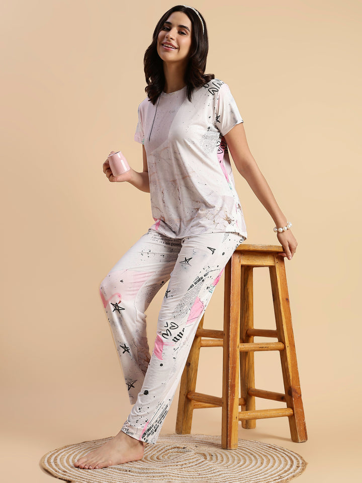 Soft doodle print womens night suit set