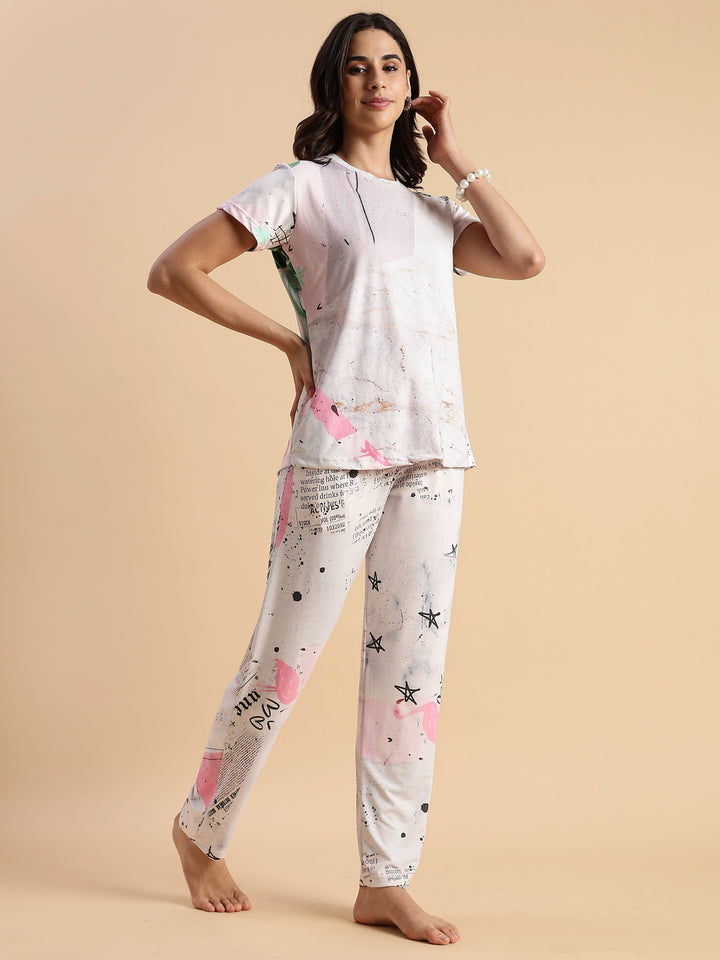 Soft doodle print womens night suit set