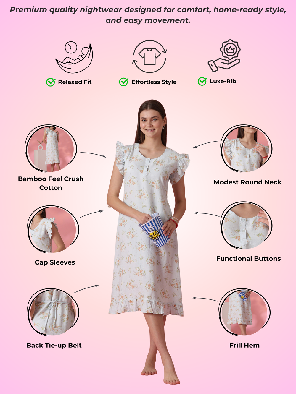Dreamy blue floral crush cotton nightdress for women