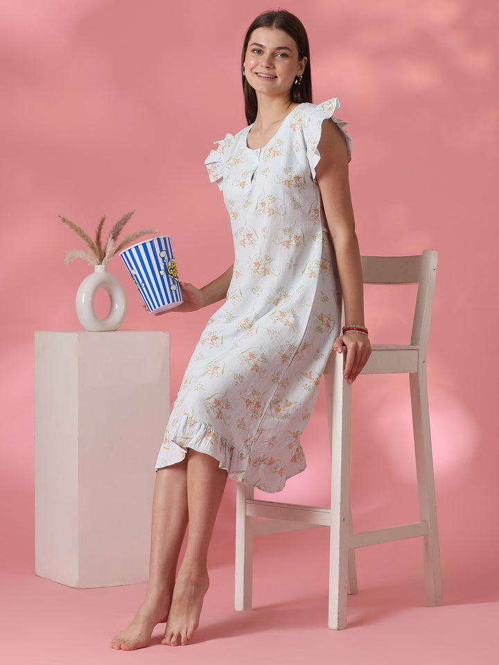 Dreamy blue floral crush cotton nightdress for women