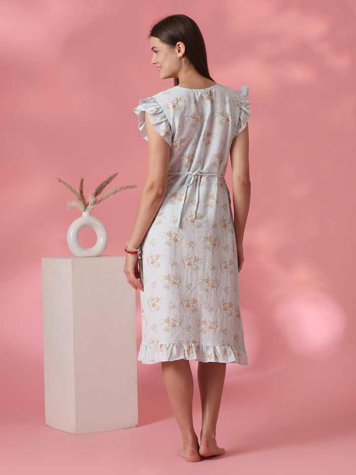 Dreamy blue floral crush cotton nightdress for women