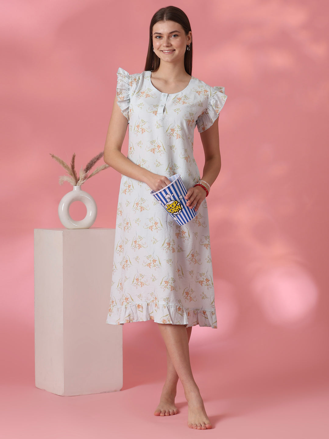 Dreamy blue floral crush cotton nightdress for women