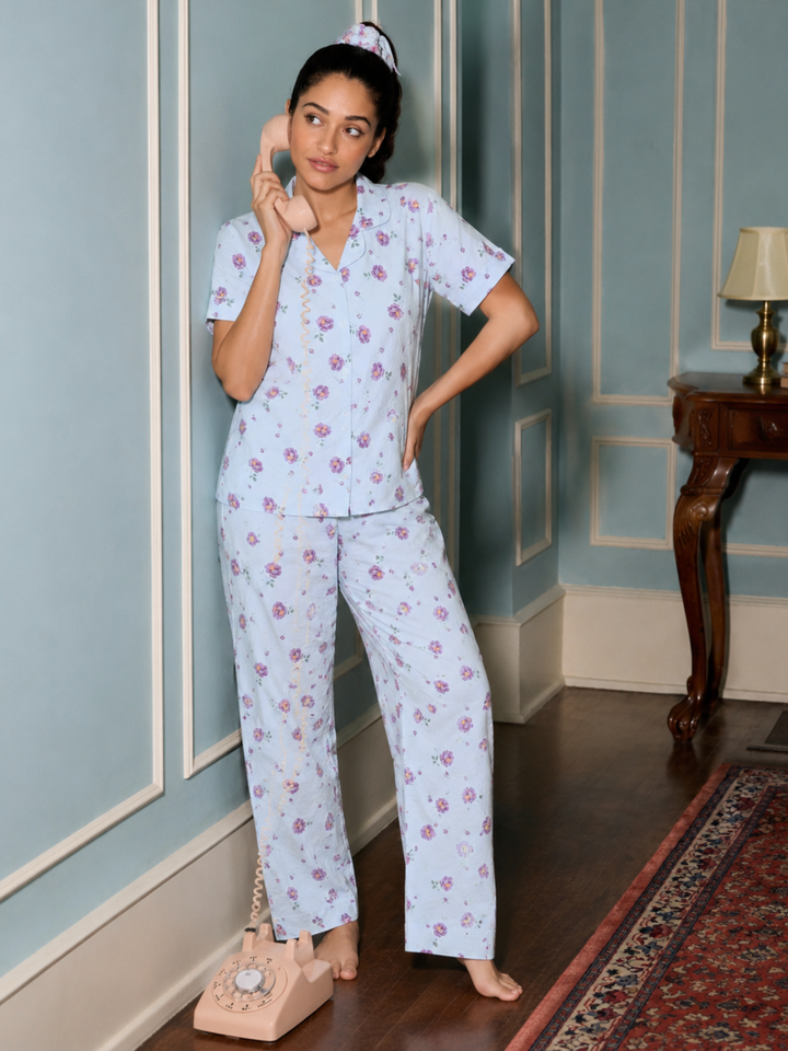 Powder blue floral lounge pajama set for women online