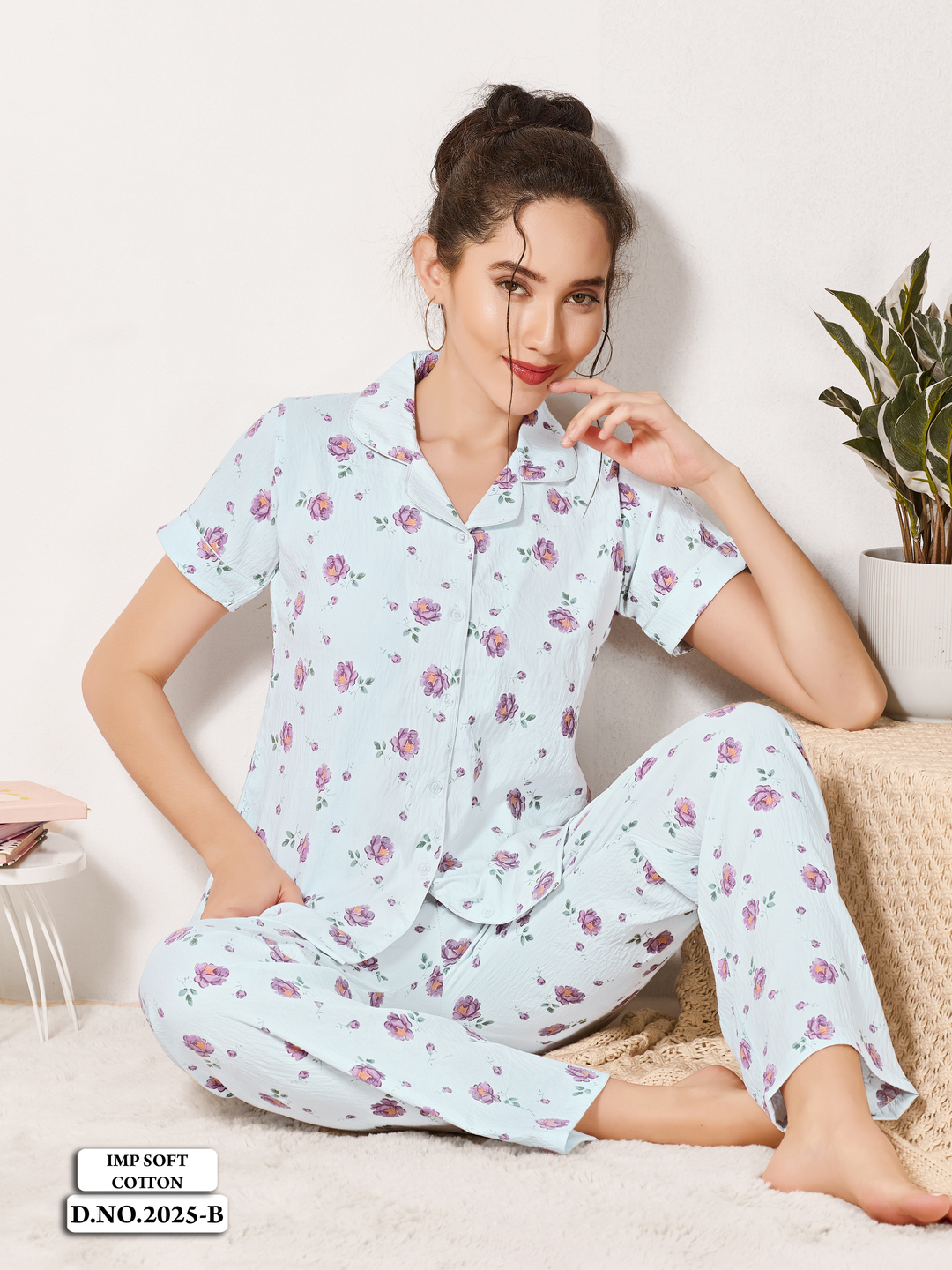 Powder blue floral lounge pajama set for women online
