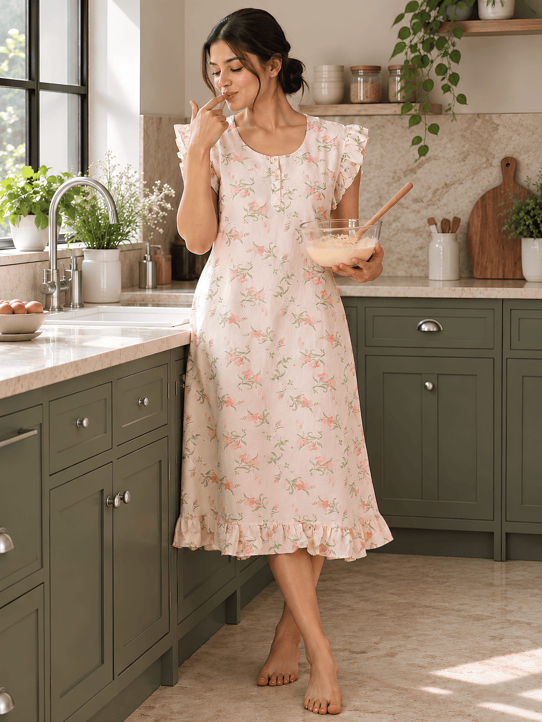 Cream floral crush cotton short nighty for women online