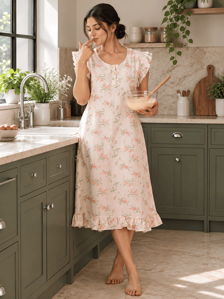Cream floral crush cotton short nighty for women online