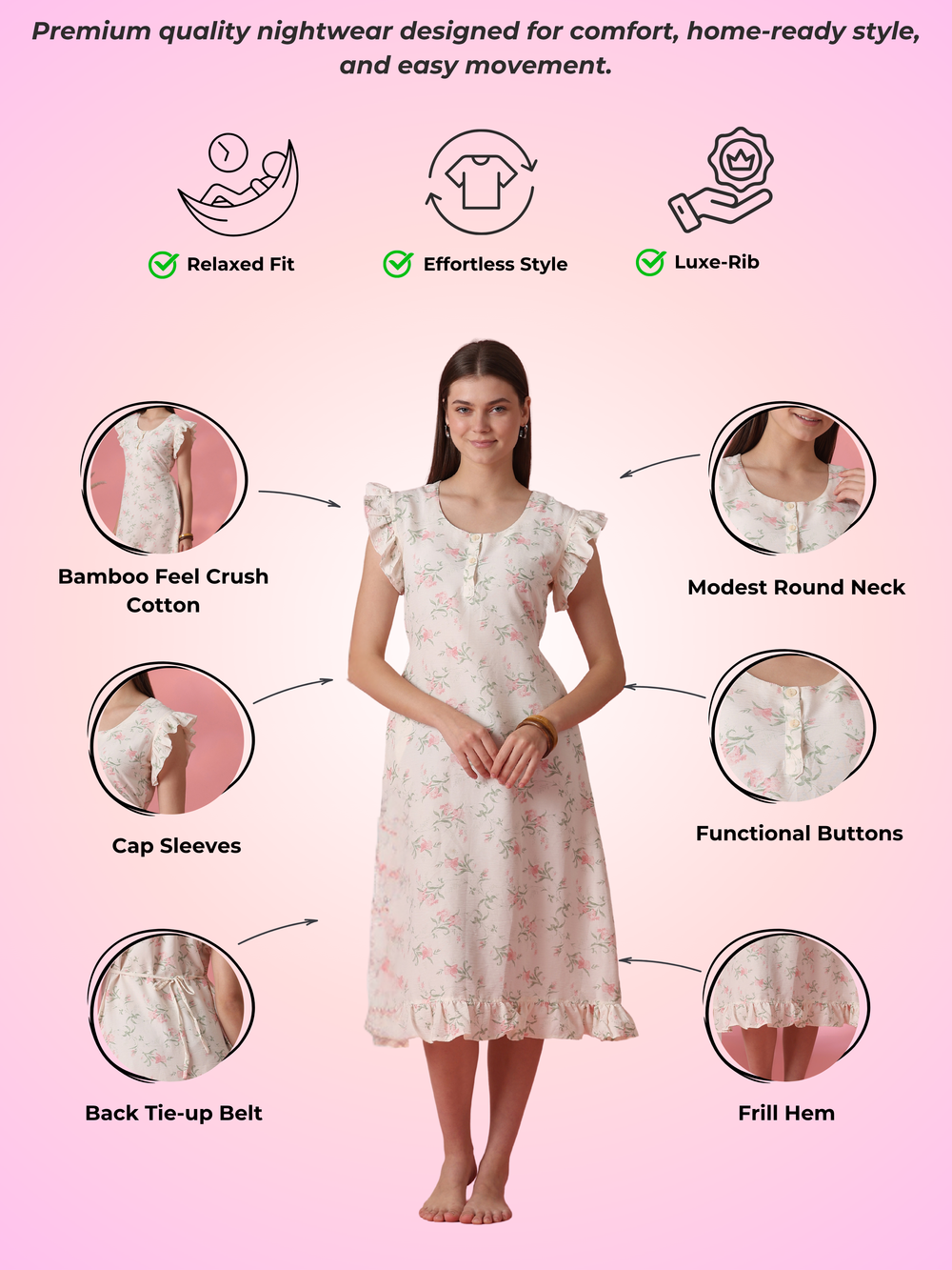 Cream floral crush cotton short nighty for women online