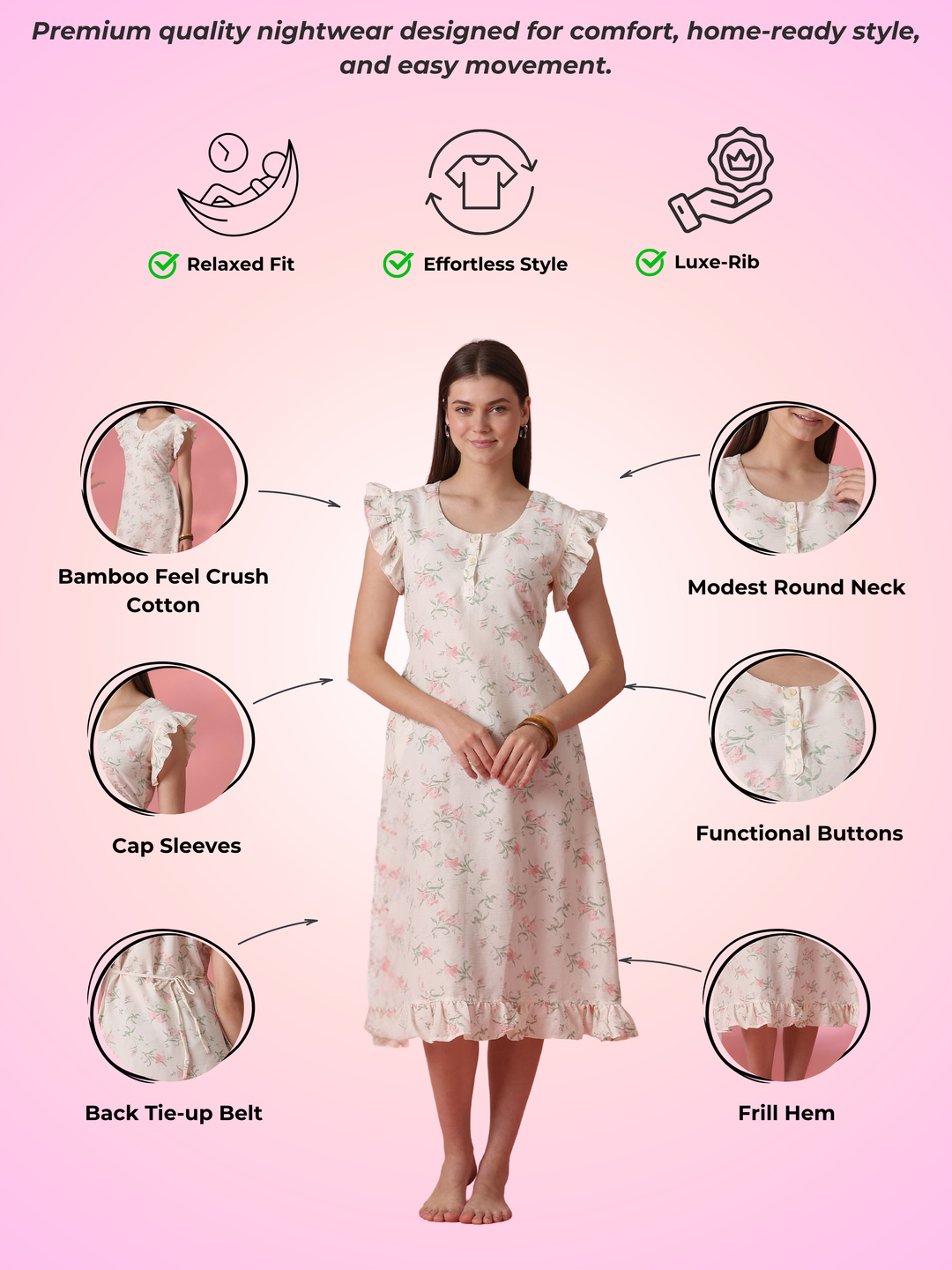 Cream floral crush cotton short nighty for women online