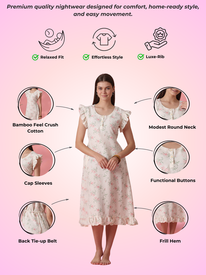Cream floral crush cotton short nighty for women online