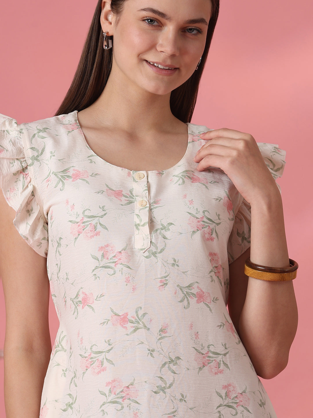 Cream floral crush cotton short nighty for women online