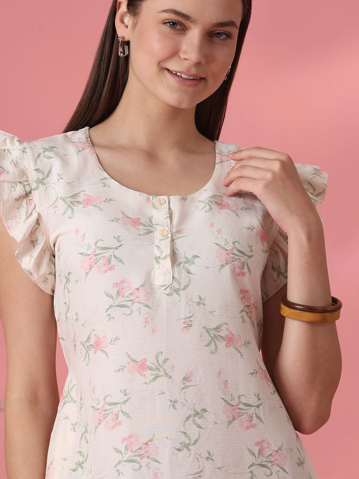 Cream floral crush cotton short nighty for women online