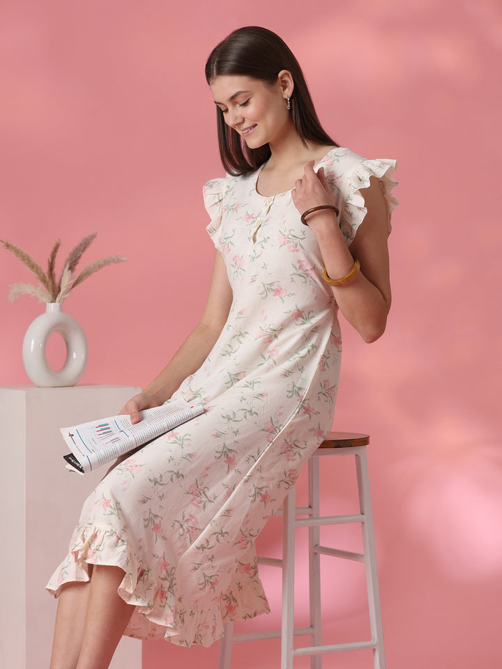 Cream floral crush cotton short nighty for women online