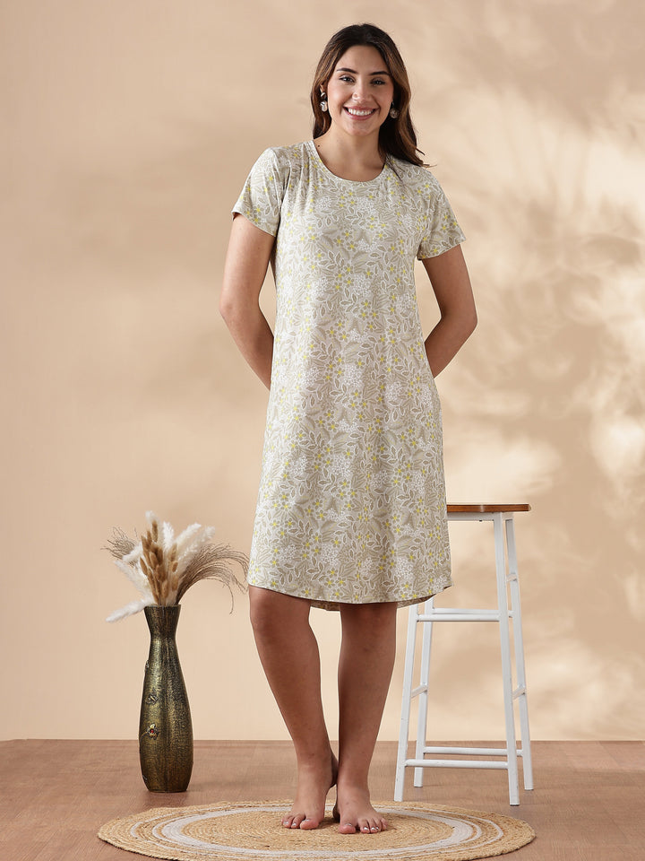 Soft gloss malai yellow floral short nighty for women