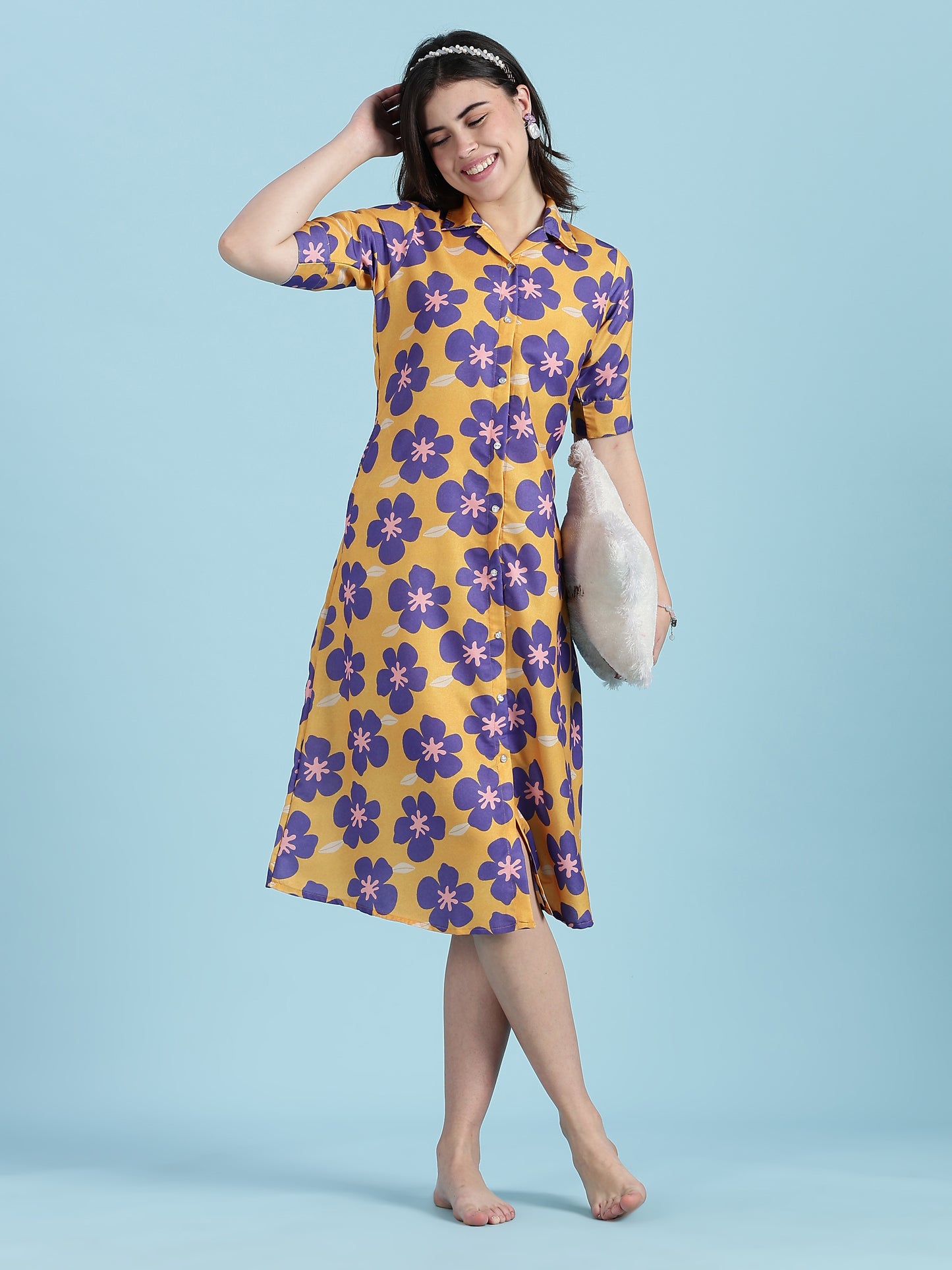Flower Print Rayon Modern Nighty Dress For Girls And Women