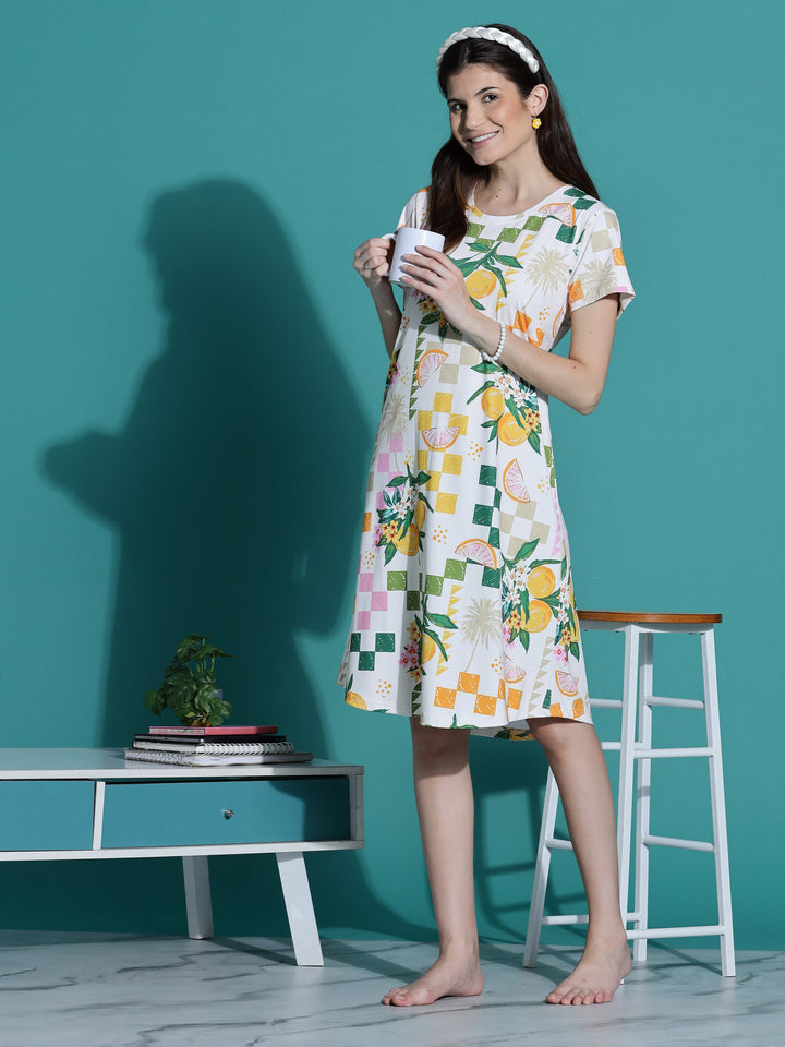 Gloss malai ivory short nighty for women in aesthetic print