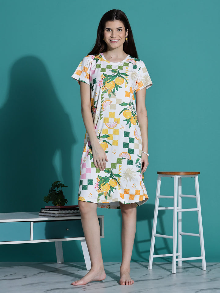 Gloss malai ivory short nighty for women in aesthetic print