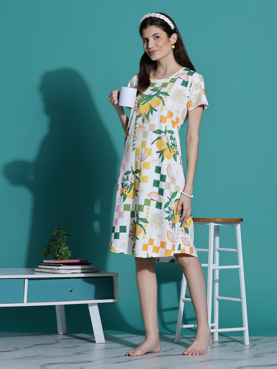 Gloss malai ivory short nighty for women in aesthetic print