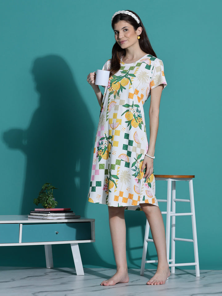 Gloss malai ivory short nighty for women in aesthetic print