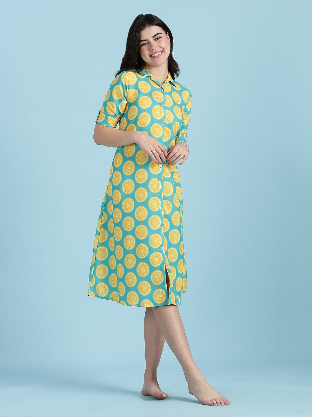 Green yellow buttoned midi length plus size dress for women