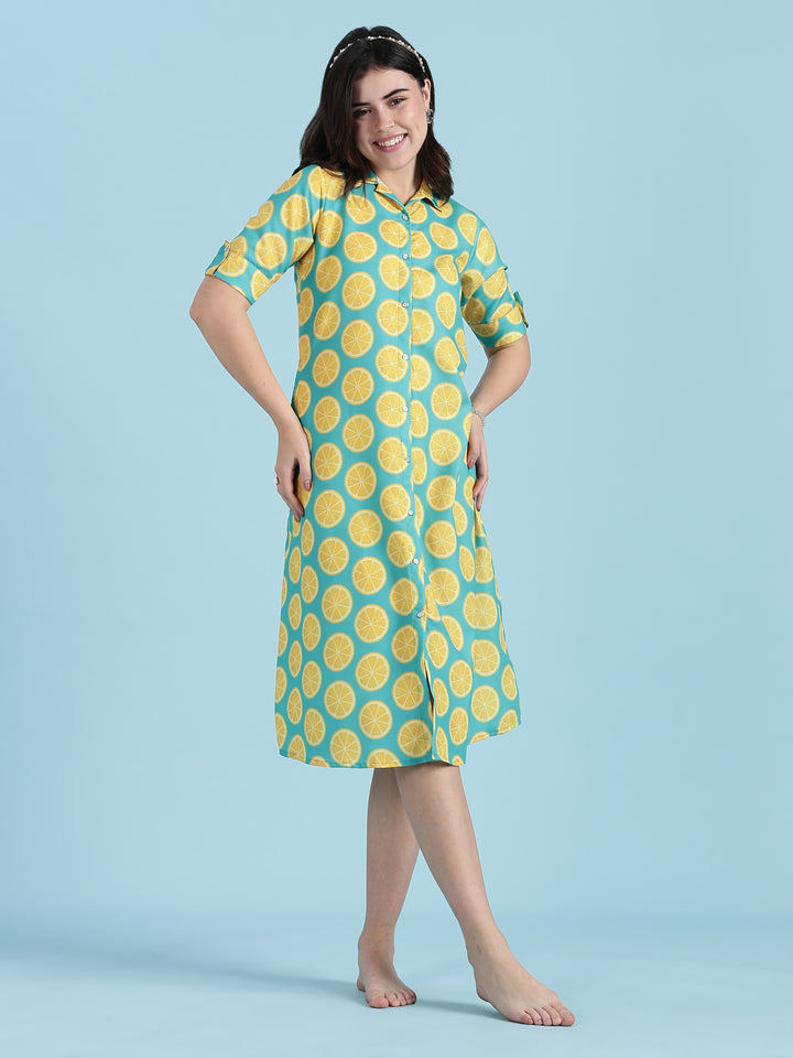Green yellow buttoned midi length plus size dress for women