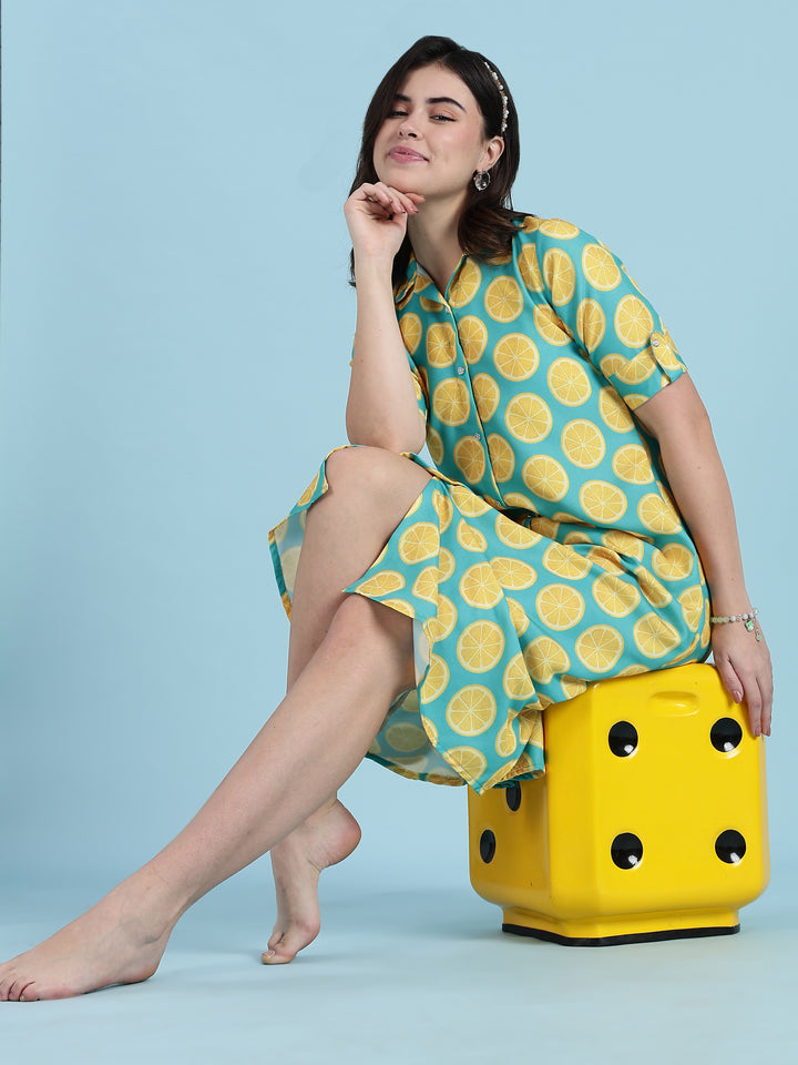 Green yellow buttoned midi length plus size dress for women