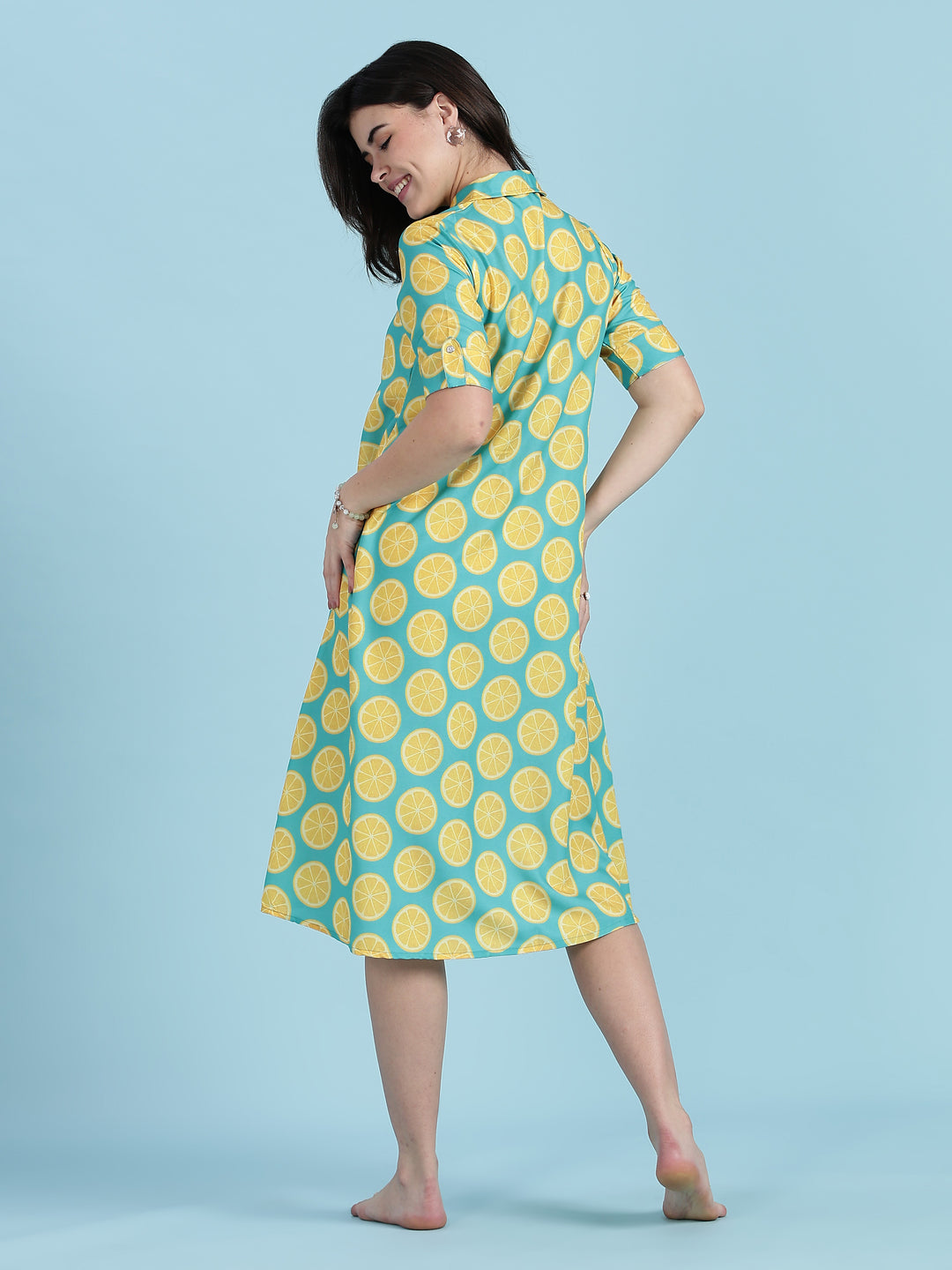 Green yellow buttoned midi length plus size dress for women