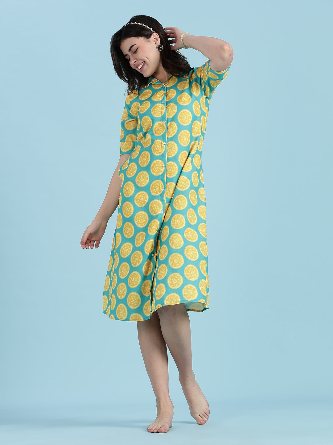 Green yellow buttoned midi length plus size dress for women