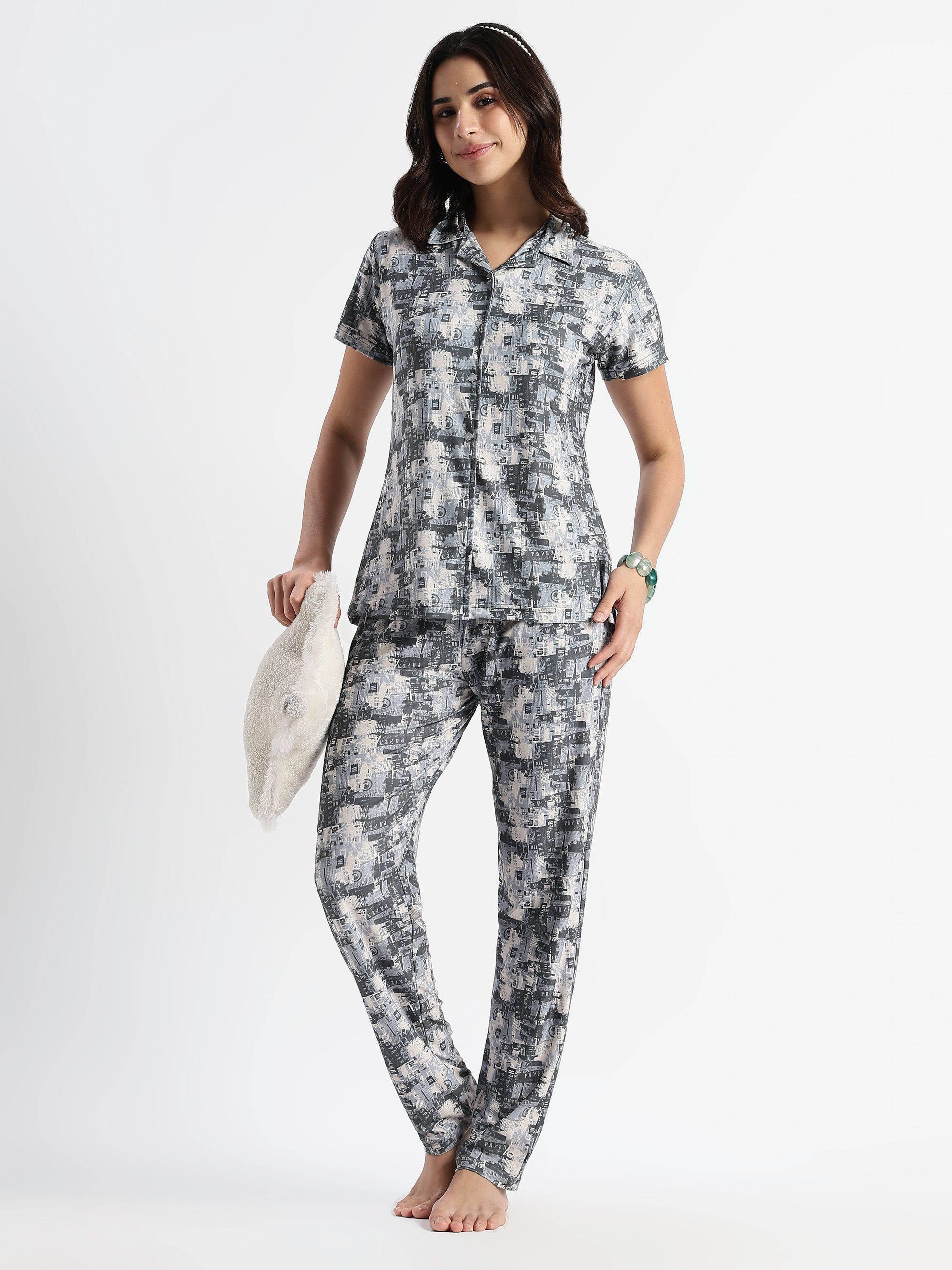 Urban Grey Gloss Malai Night Suits For Girls And Women