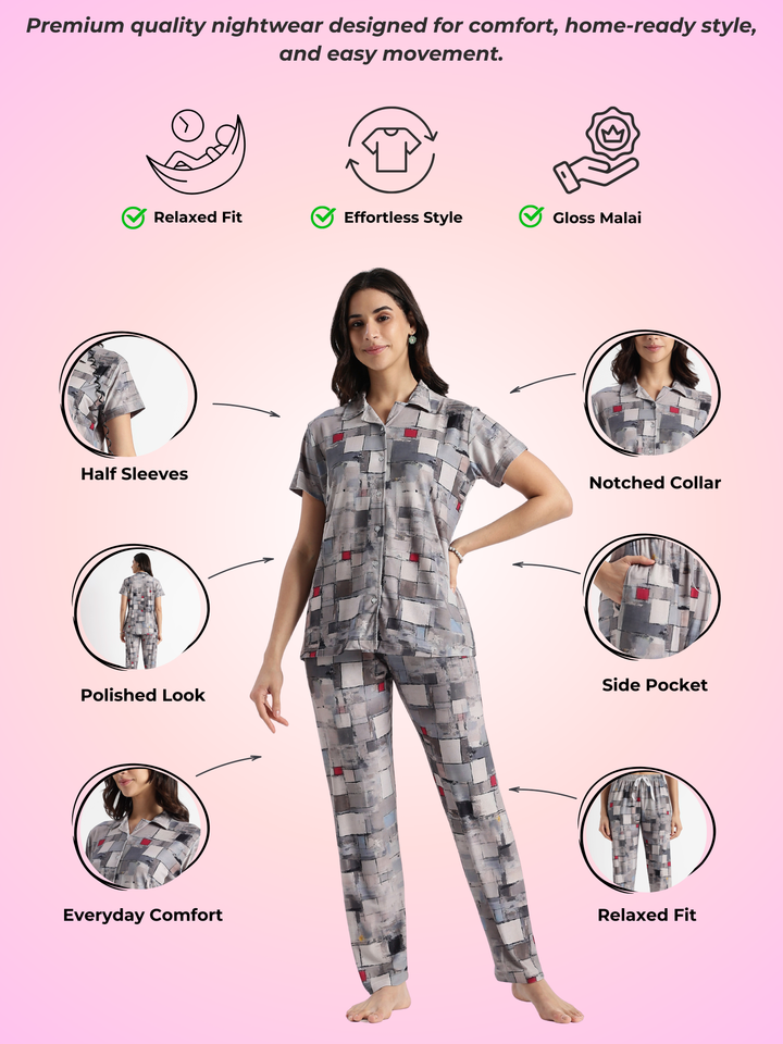 Whispery grey gloss malai branded womens pajama set