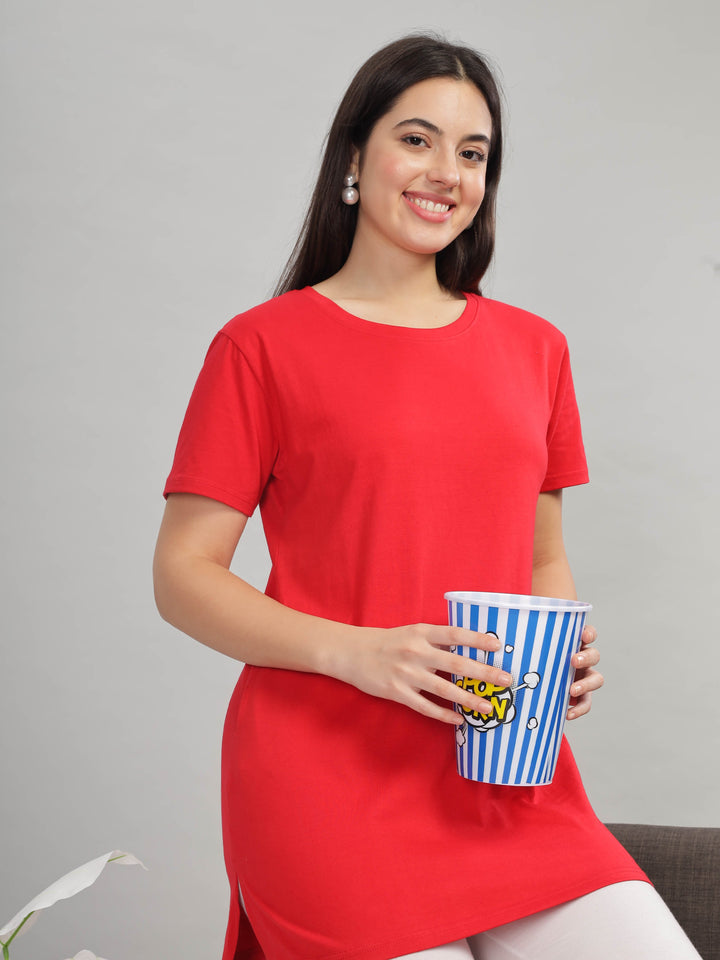 Red cotton long T-shirt for women for gym and yoga wear