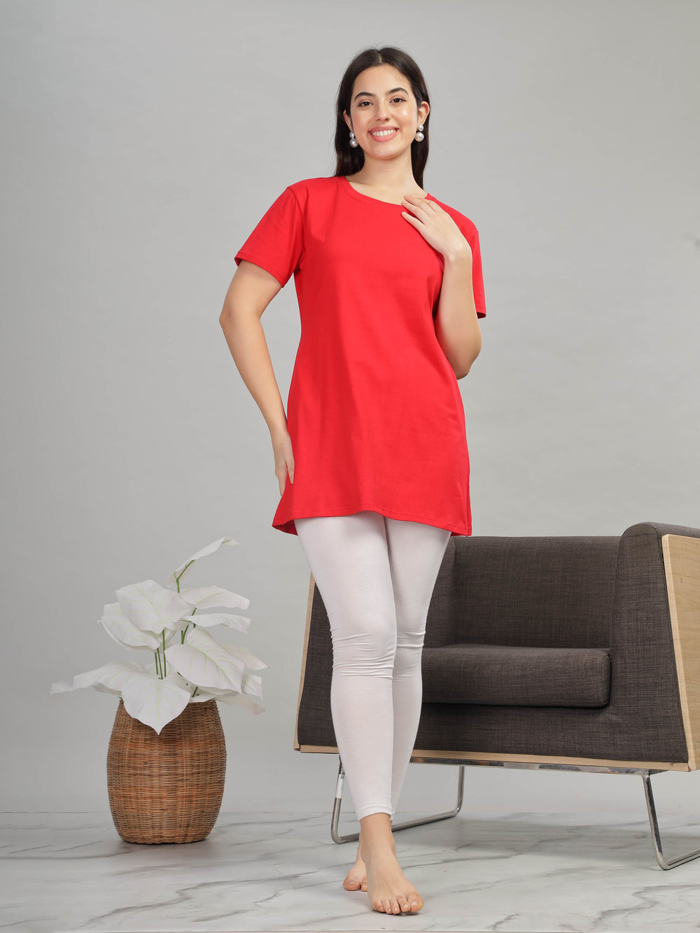 Red cotton long T-shirt for women for gym and yoga wear