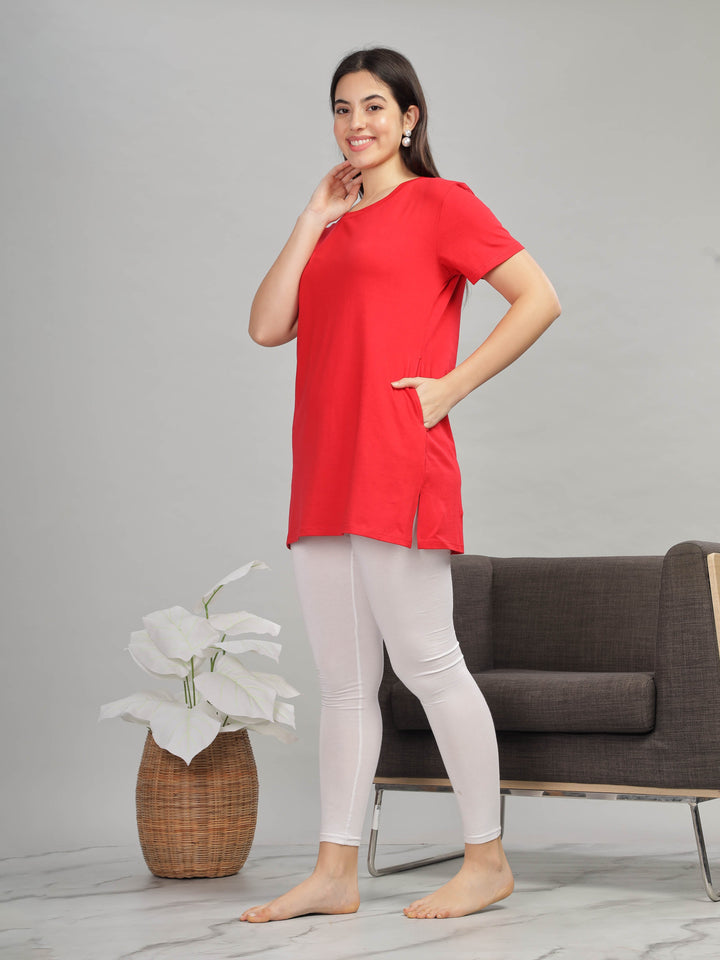 Red cotton long T-shirt for women for gym and yoga wear