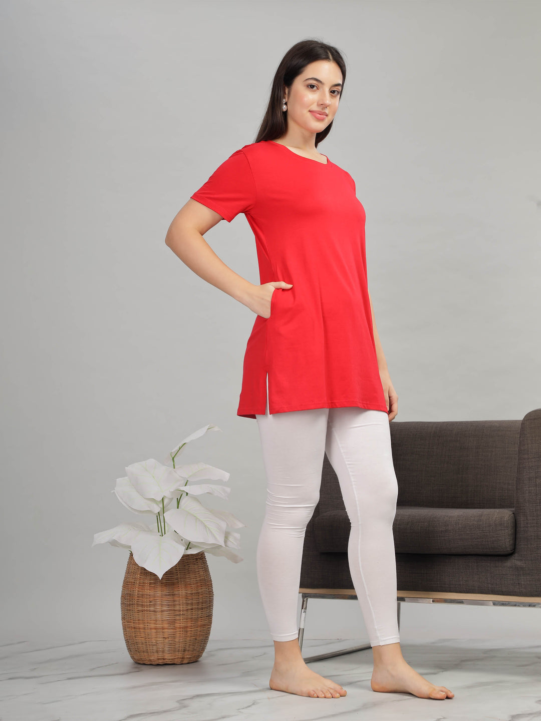 Red cotton long T-shirt for women for gym and yoga wear