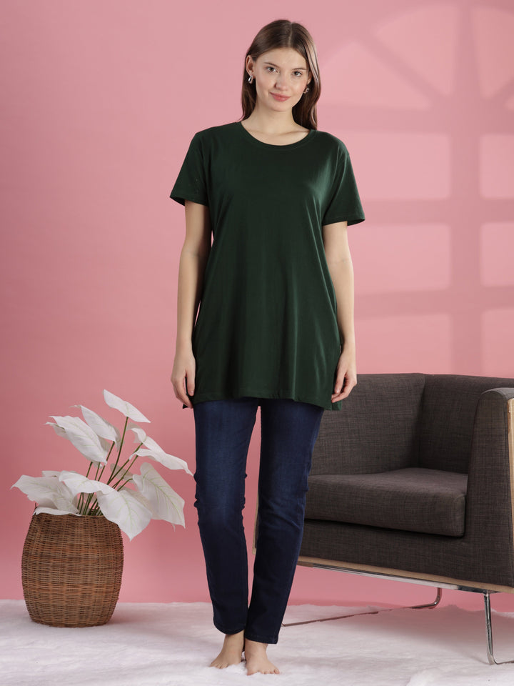 Green cotton gym long tshirt for women with comfortable hip-length fit