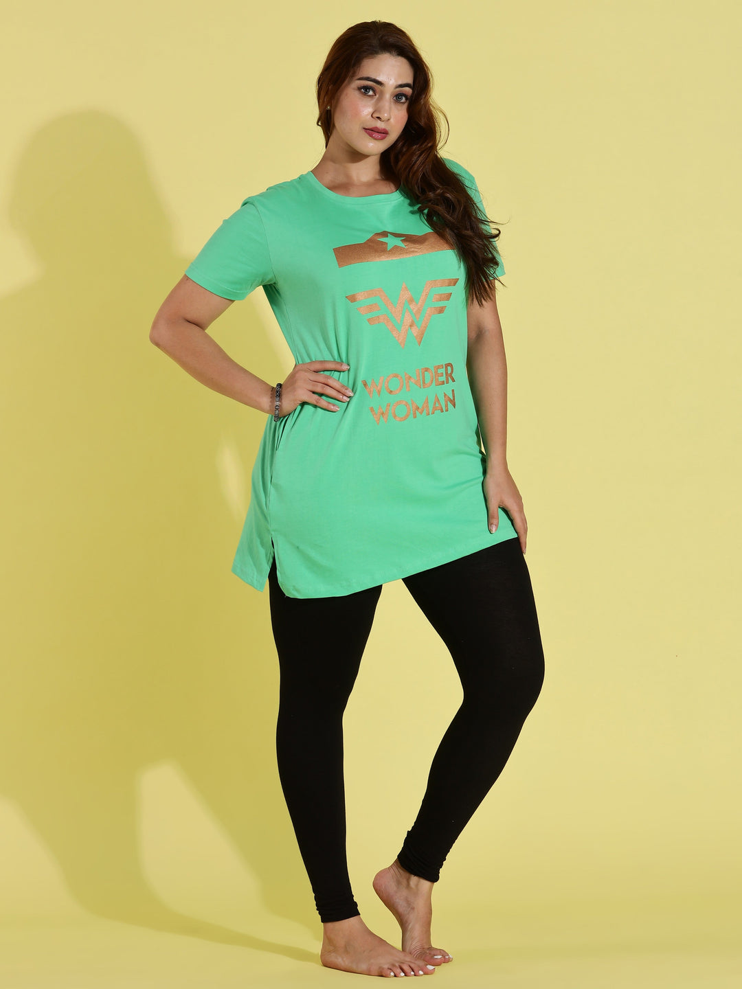 Comfortable pista green oversized long t-shirt for women
