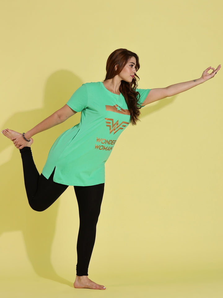 Comfortable pista green oversized long t-shirt for women