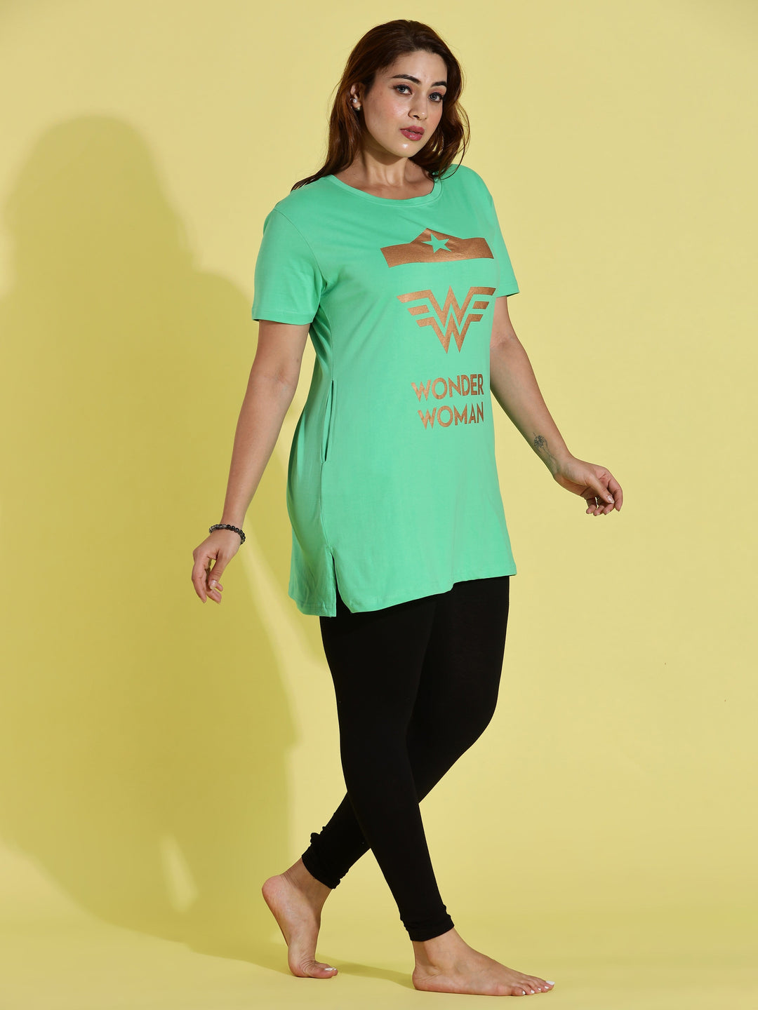 Comfortable pista green oversized long t-shirt for women