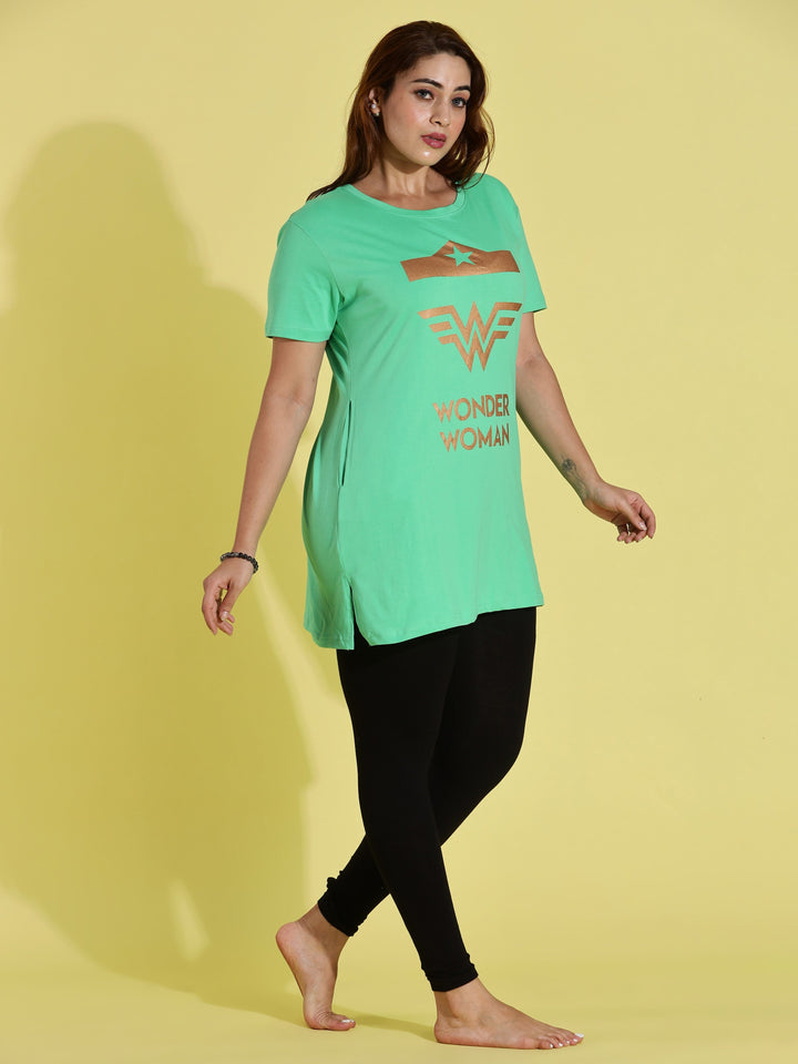 Comfortable pista green oversized long t-shirt for women