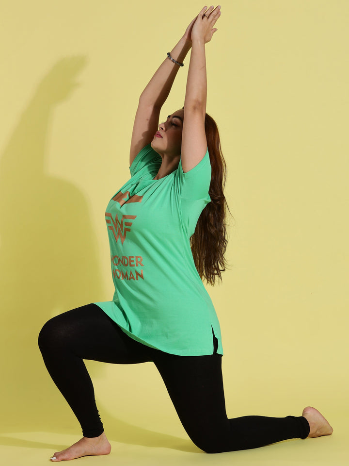Comfortable pista green oversized long t-shirt for women