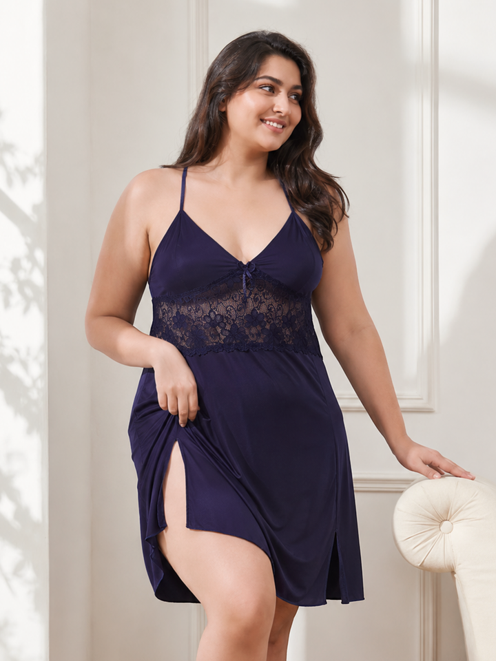 Silky black baby doll dress for honeymoon with slits