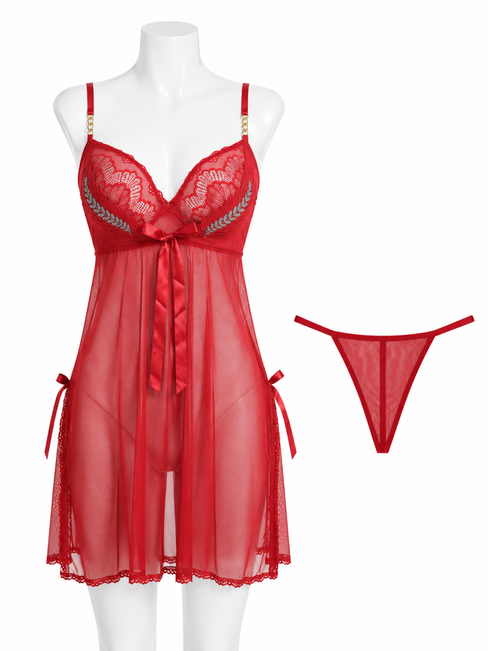 Red powernet babydoll dress with lace detail online