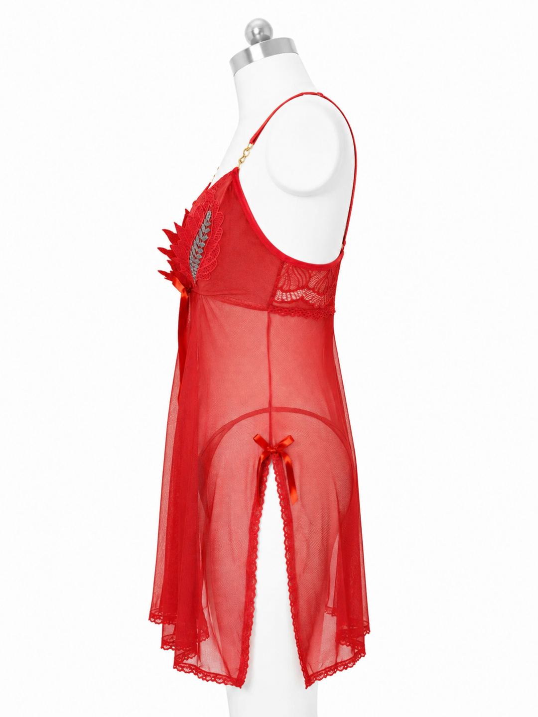 Red powernet babydoll dress with lace detail online