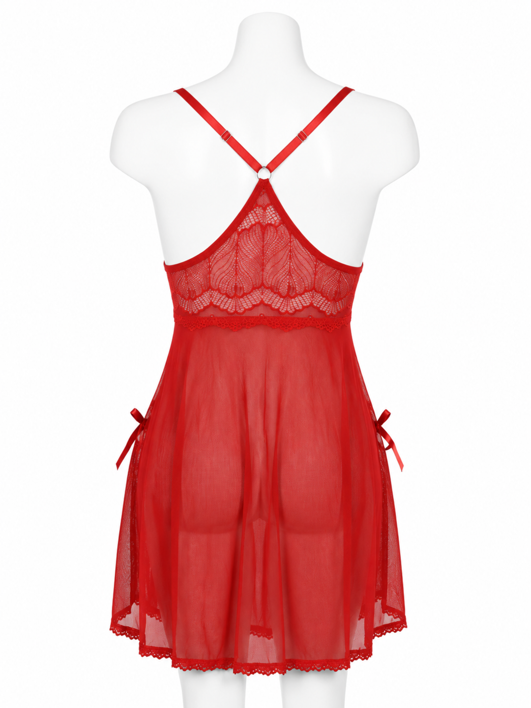 Red powernet babydoll dress with lace detail online