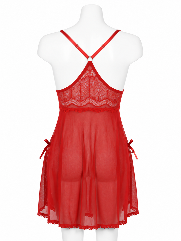 Red powernet babydoll dress with lace detail online